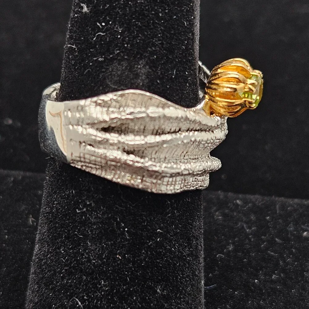 German Kabirski 925 Silver Blessing Peridot Ring sz 7.5 Gold Plated Rhodium
